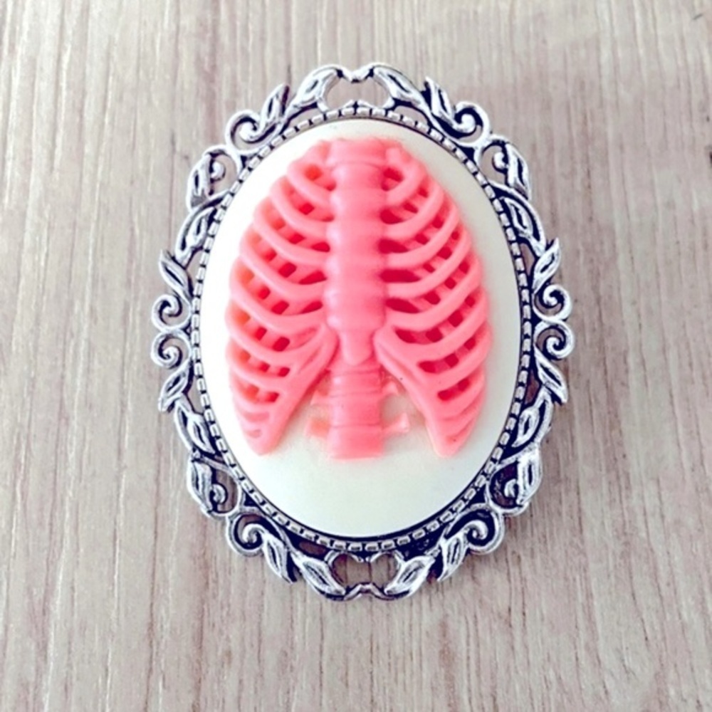 White and Pink Ribcage Cameo Brooch
